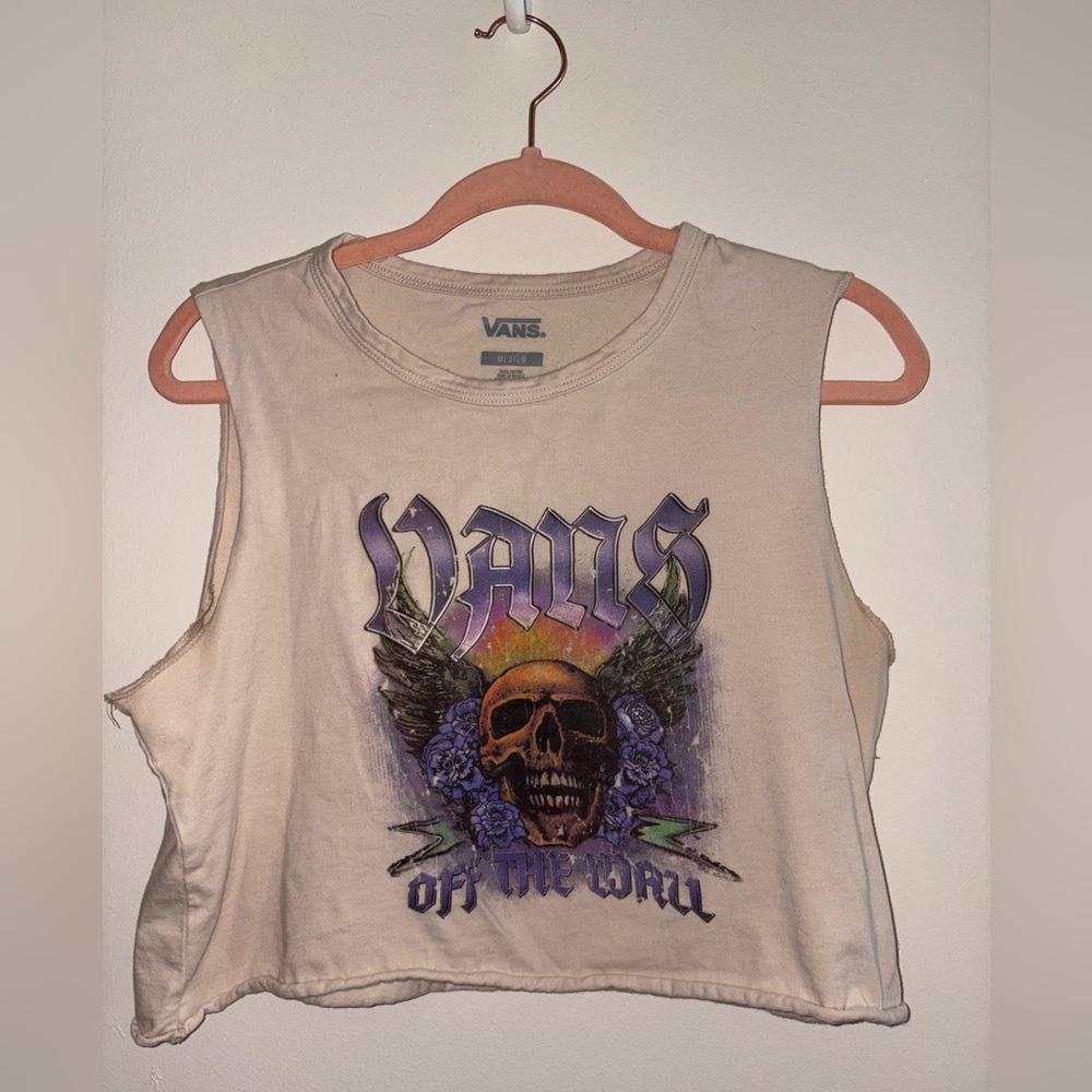Vans White Cropped Muscle Tee with Skull Graphic